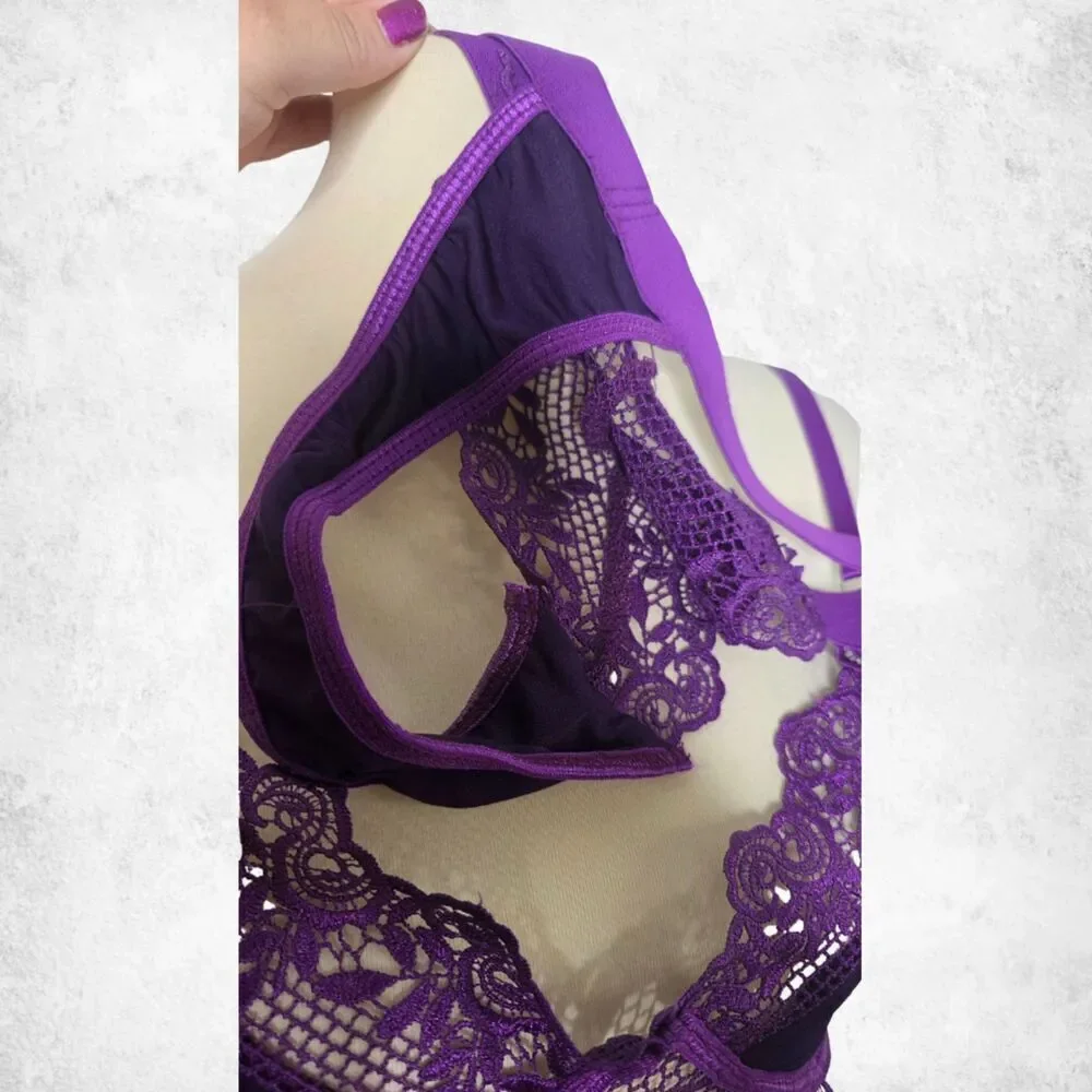 Purple Lace Mesh Garter Bodysuit – XL Strappy Fishnet Goth Glam Seductive Teddy - Picture 3 of 6